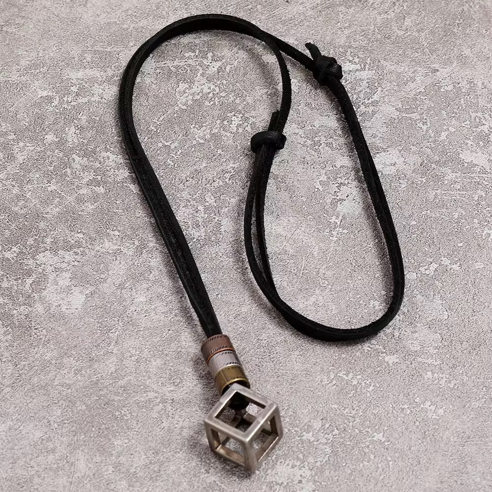 Geometric Cube Leather Pendant Necklace