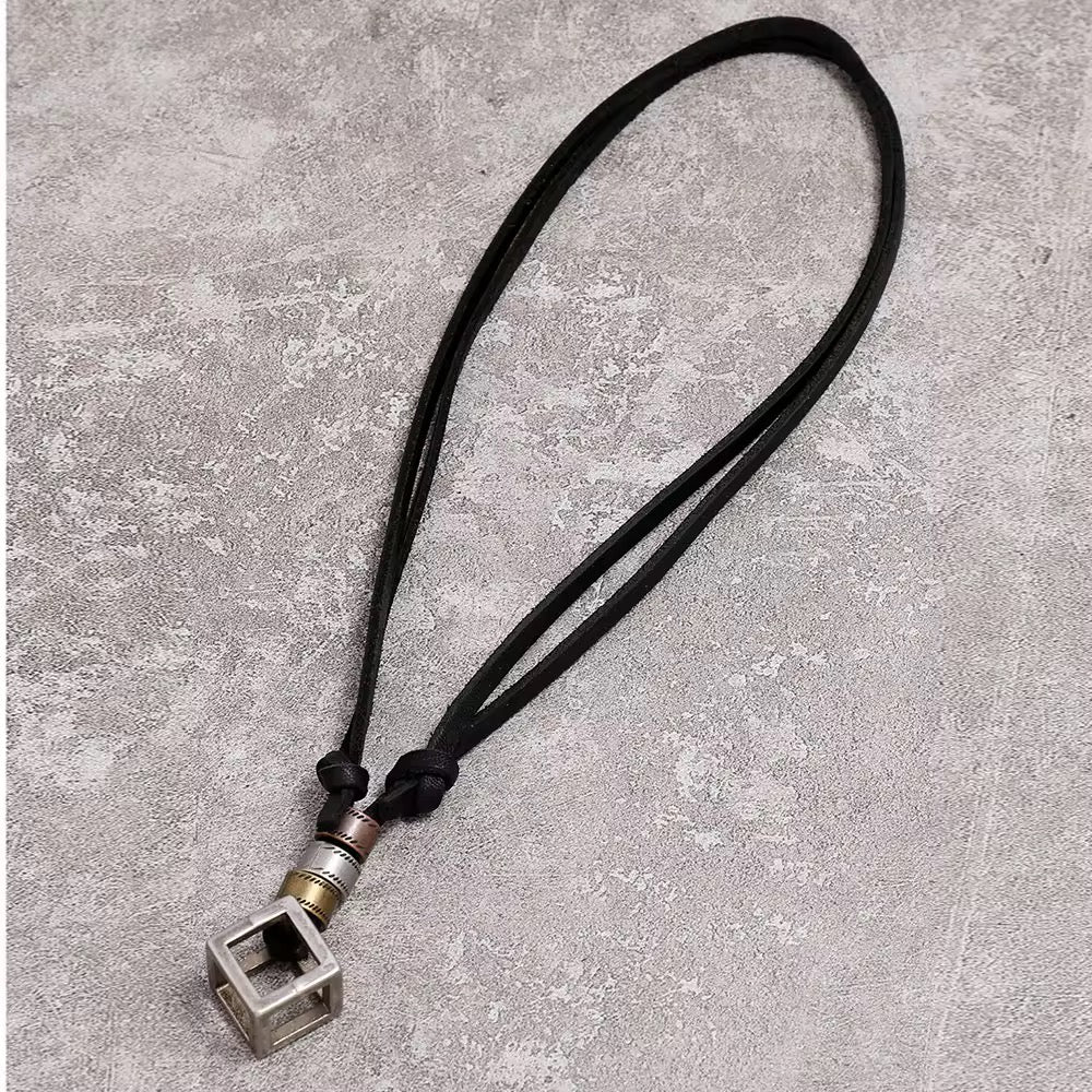Geometric Cube Leather Pendant Necklace