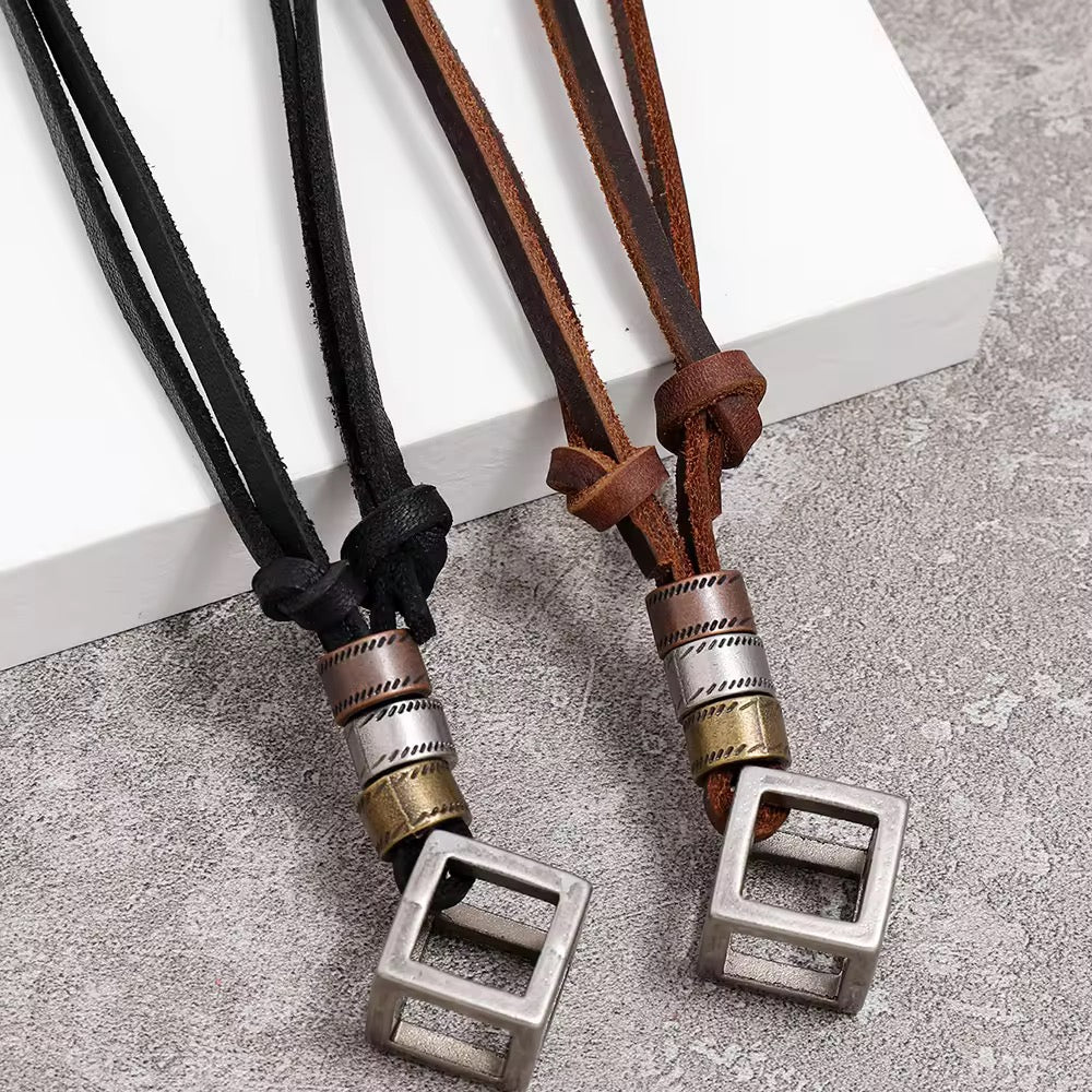 Geometric Cube Leather Pendant Necklace