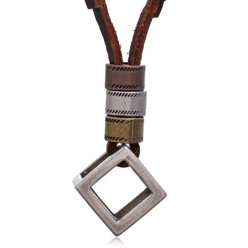 Geometric Cube Leather Pendant Necklace