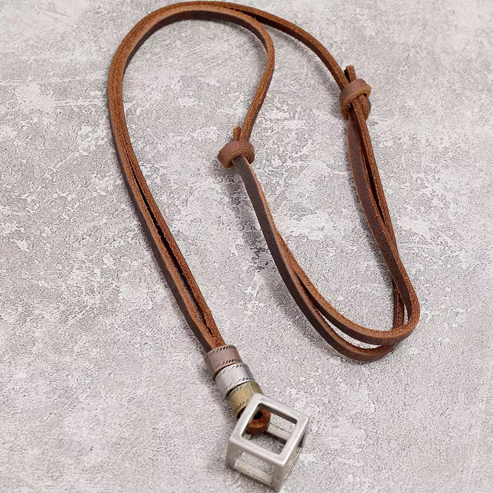 Geometric Cube Leather Pendant Necklace