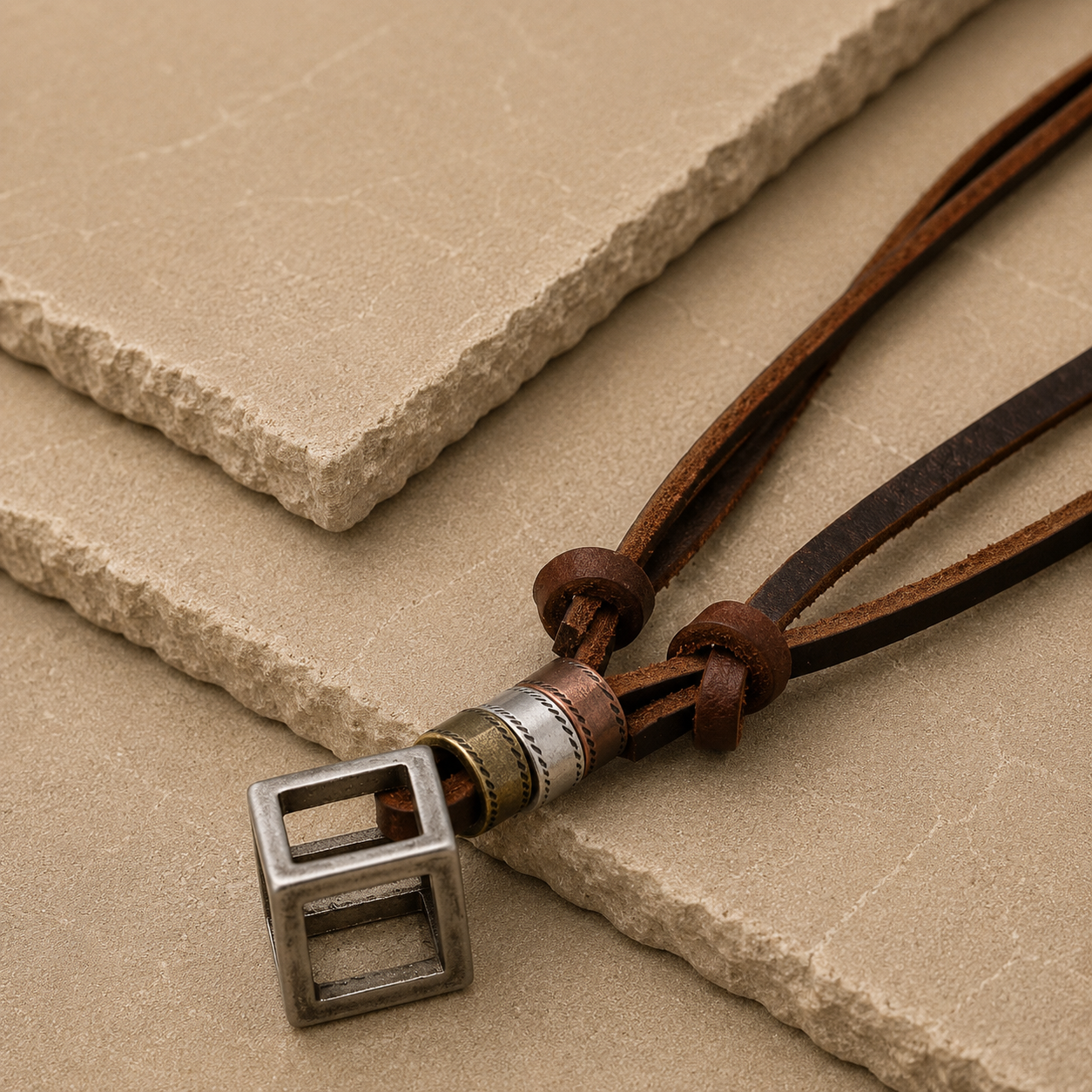 Geometric Cube Leather Pendant Necklace